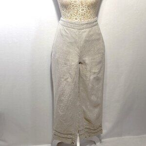 Chico's 100% Linen Women SZ 8 Cropped Crochet Hem  Pockets Elastic Waist Pants